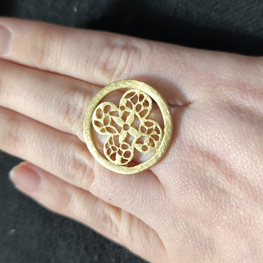 Solid Brass Filagree Clover Round Statement Ring … - image 1